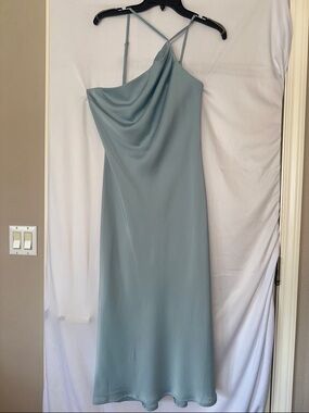 One-Shoulder Draped Slip Dress in Dusty Blue